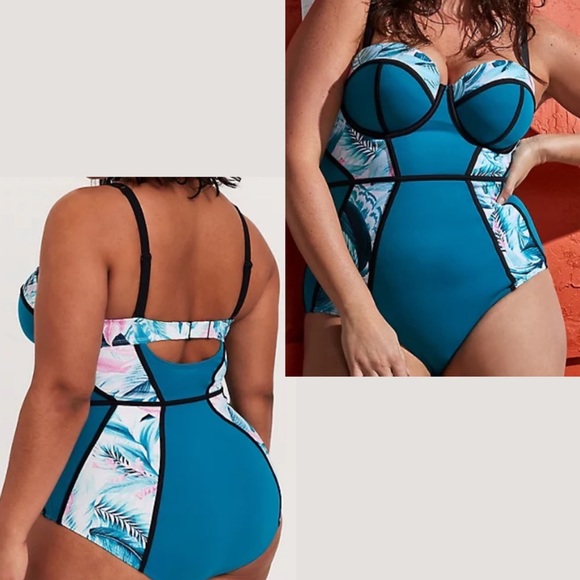 Torrid Blue/ Teal Palm Print Underwire One-Piece Swimsuit Size 2 DD/F (18-20) - Picture 2 of 13